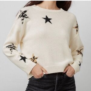Rails Cream Star Intarsia Crewneck Sweater with Black and Tan Stars